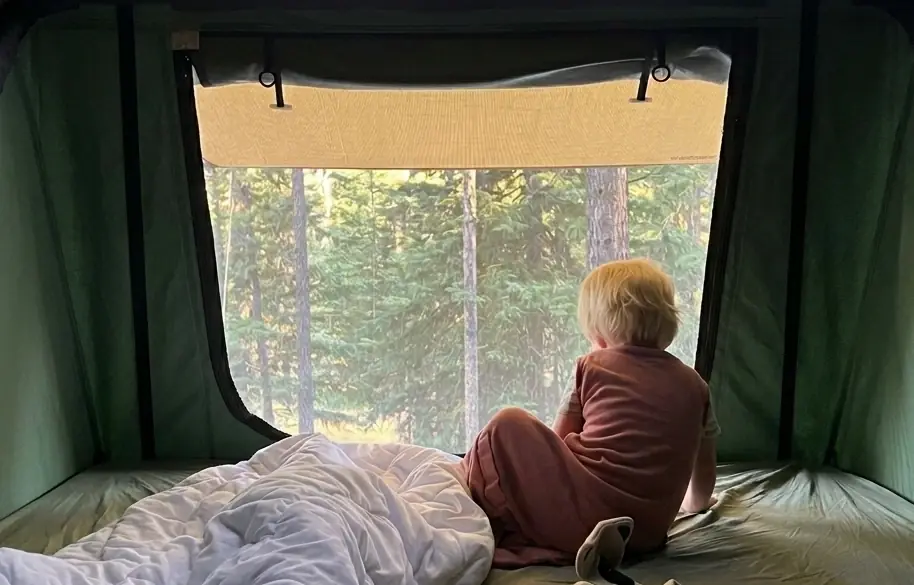 Child looking outside from a rooftop tent during a family camping trip